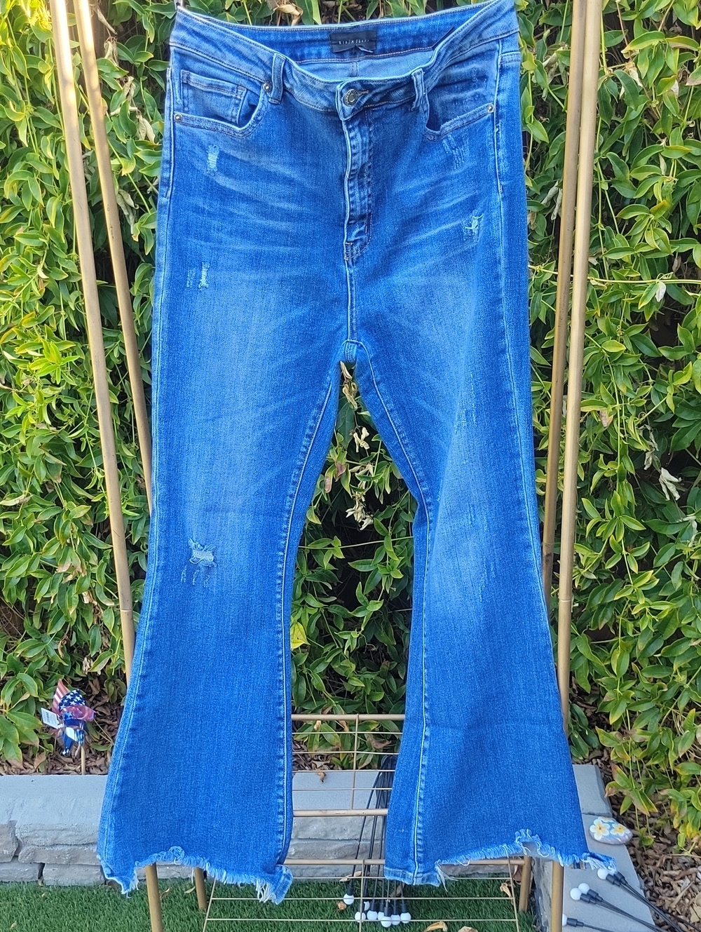 Risen Distressed Flare High Rise Jeans